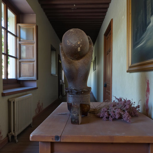 Battente antico in ghisa, mano femminile che bussa