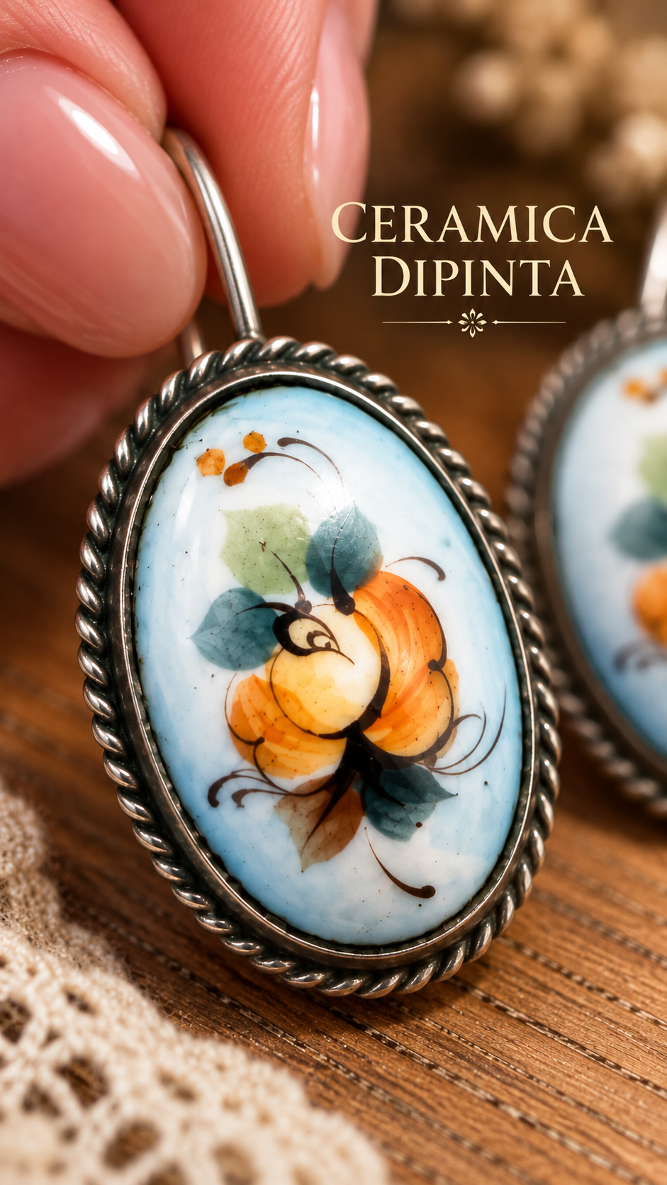 Orecchini vintage con decorazioni floreali su ceramica