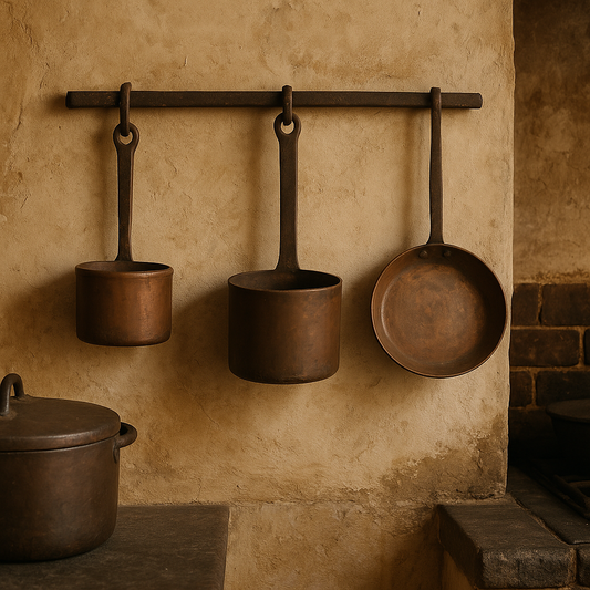 Tris pentole in rame, due fine ‘800 una metà ‘900