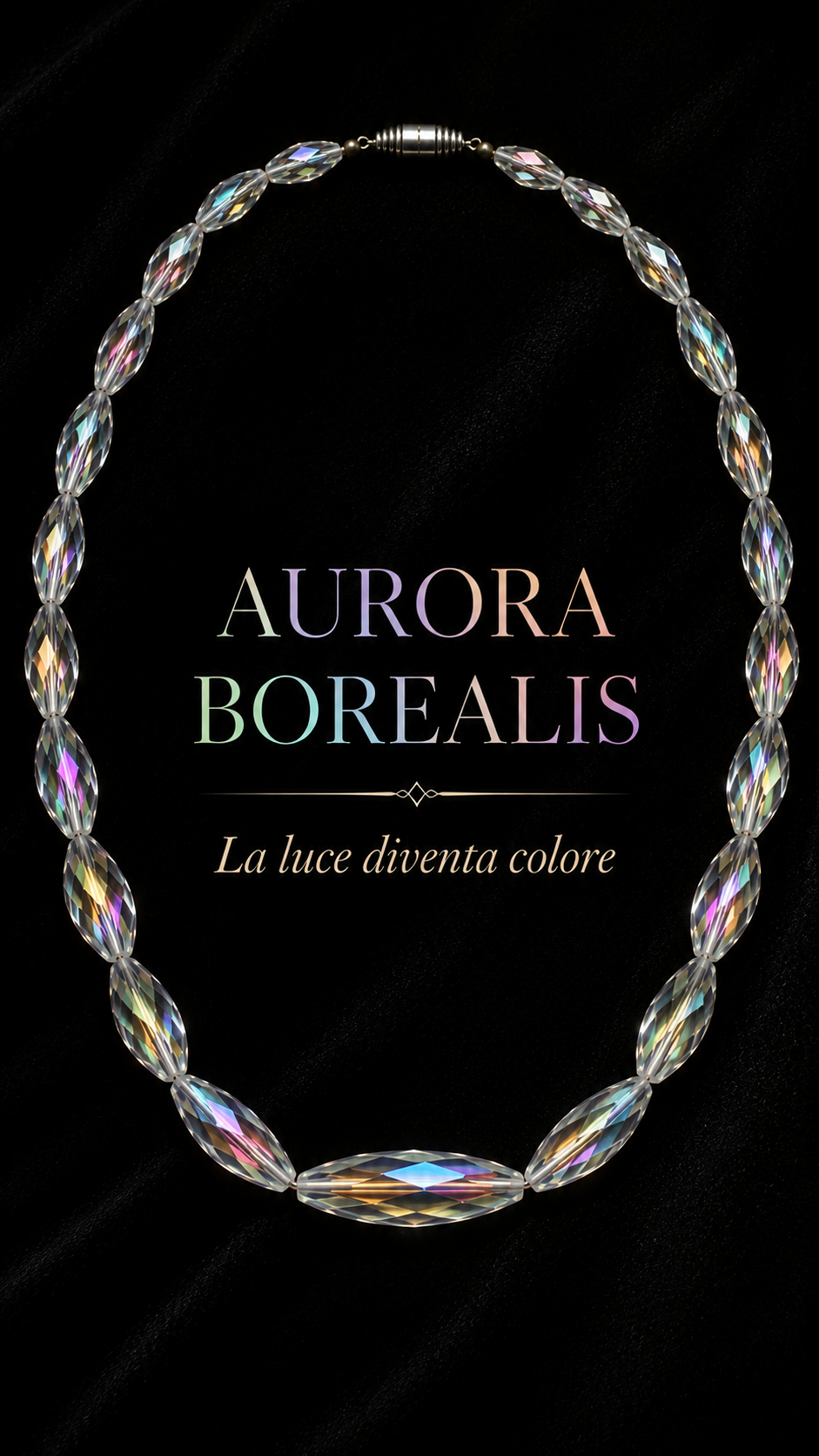 Collana con elementi fusiformi in vetro sfaccettato Aurora Borealis, fine anni ‘50 primi ‘60