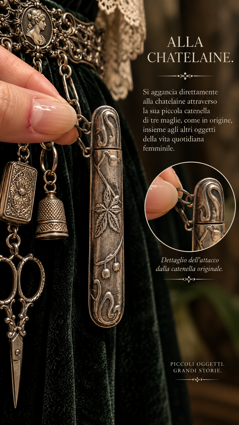 Antico porta aghi liberty in argento con decorazione di mughetti e catenella per Châtelaine