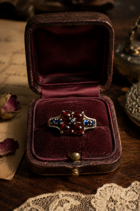 Anello argento 925 con spinelli blu e vetri Boemi anni ‘70