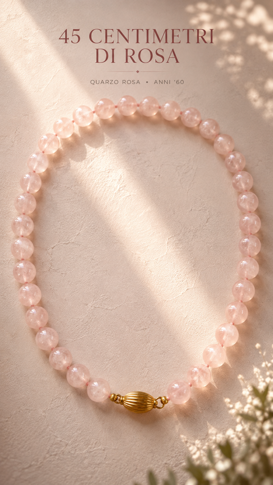 Collana collier in perle di autentico quarzo rosa infilate a mano, chiusura dorata a conchiglia, anni ‘60
