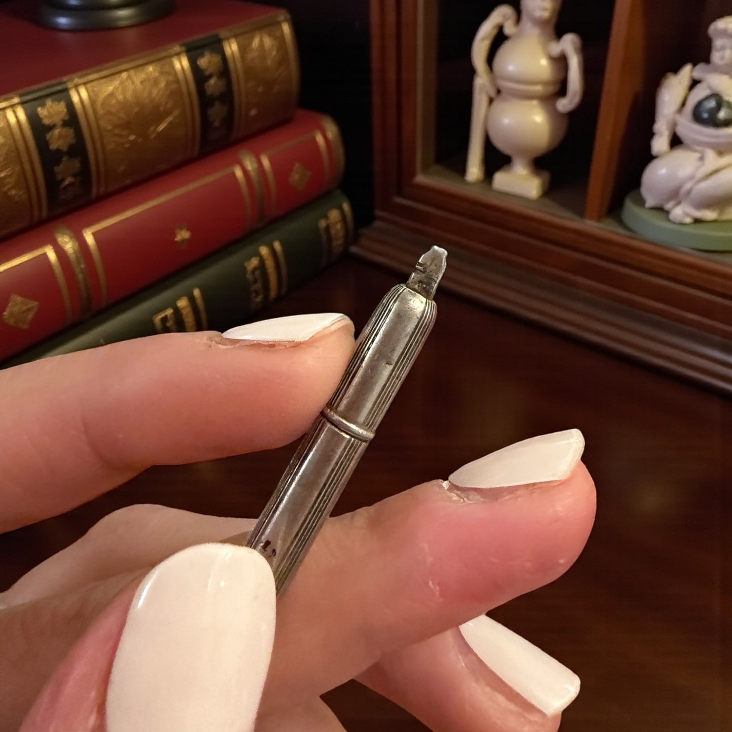 Antico strumento vittoriano, stuzzicadenti retrattile in argento da Chatelaine