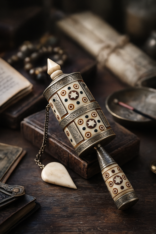 Ruota da preghiera tibetana in osso lavorato e decorato