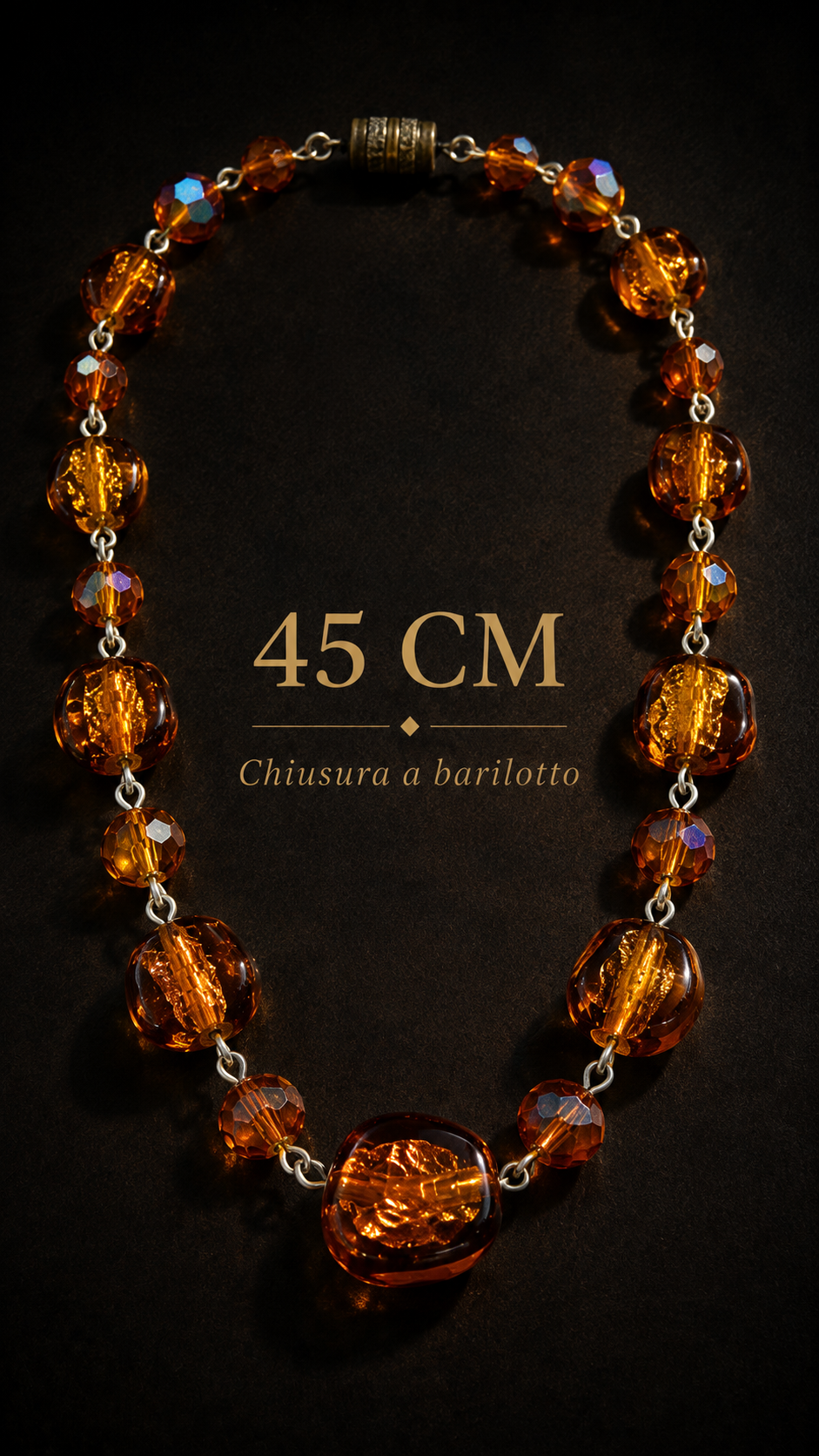 Collana a giro morbido con cristalli Aurora Borealis ed elementi in vetro irregolari con pagliuzze dorate, anni ‘60