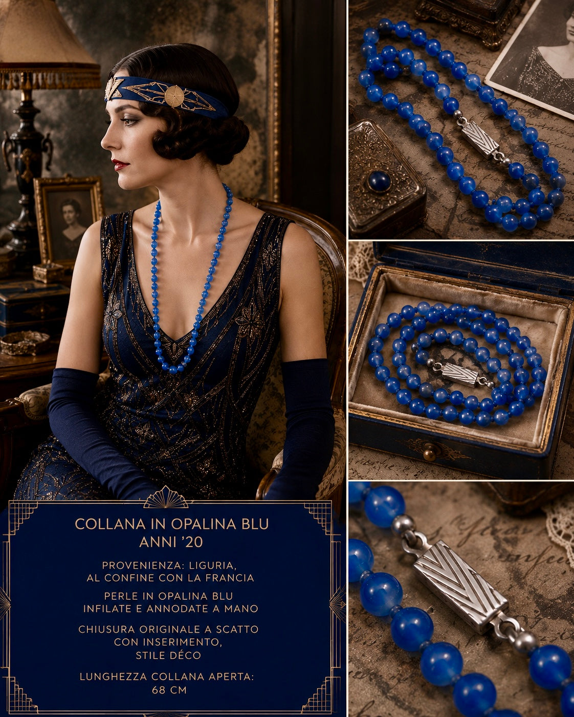 Collana in opalina azzurro/blu annodata ed infilata a mano, anni ‘20, chiusura metallo bianco art déco