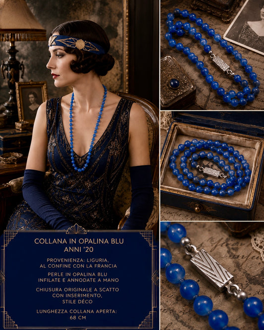 Collana in opalina azzurro/blu annodata ed infilata a mano, anni ‘20, chiusura metallo bianco art déco
