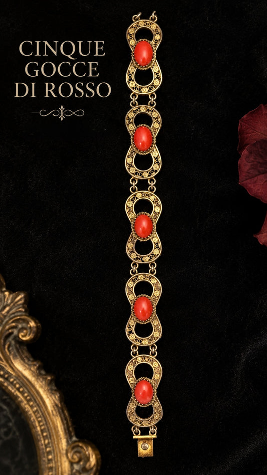 Bracciale filigranato in argento 800 e pasta di corallo, Campo Ligure, tradizione orafa
