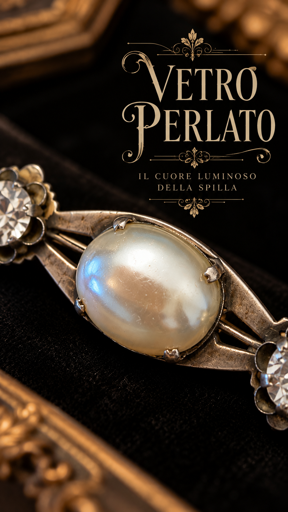 Grande broche de cou spilla placcata argento con vetro perlato e cristalli, anni 20-30