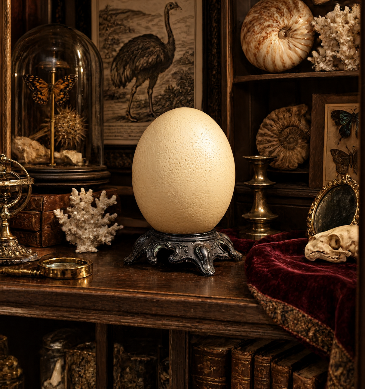 Antico uovo di struzzo svuotato su basamento d’epoca di gusto rococò