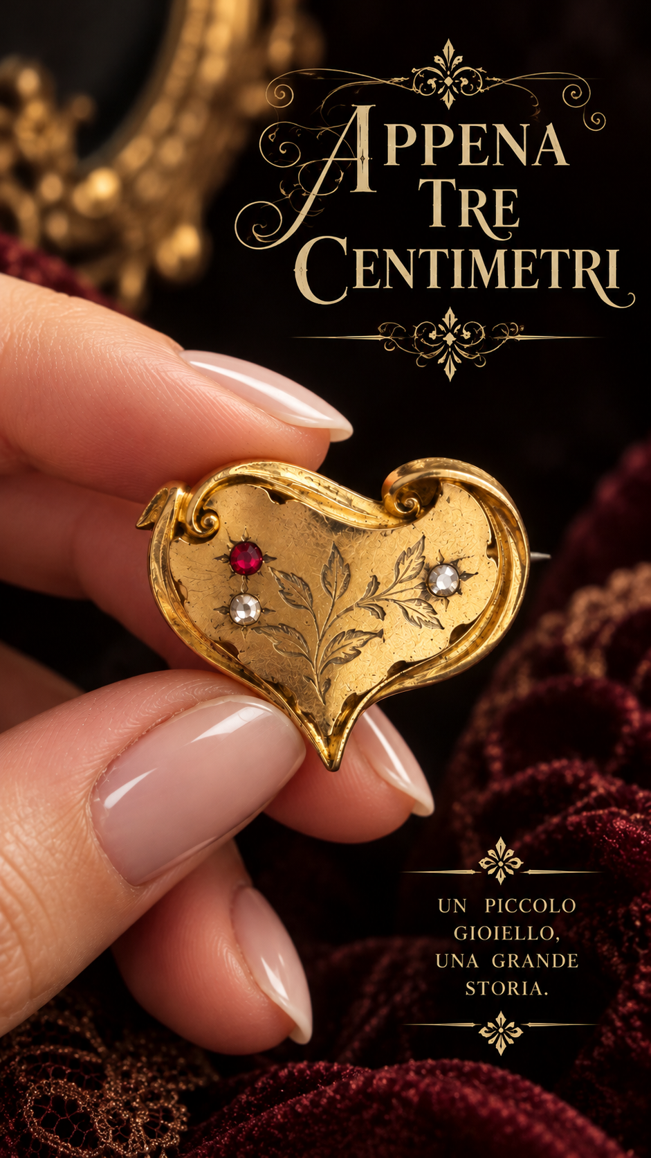Antica spilla sentimentale fine ‘800 placcata con incisione floreale e cornice a cuore