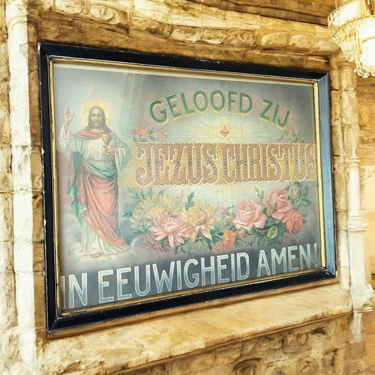 Quadro sacro anni 20 fiammingo, cromolitografia Cristo benedicente