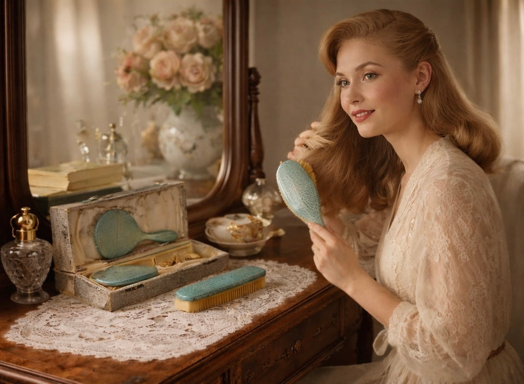 Set da toeletta in valigetta, finta pelle turchese, manifattura inglese “Sembla” fine anni ‘40