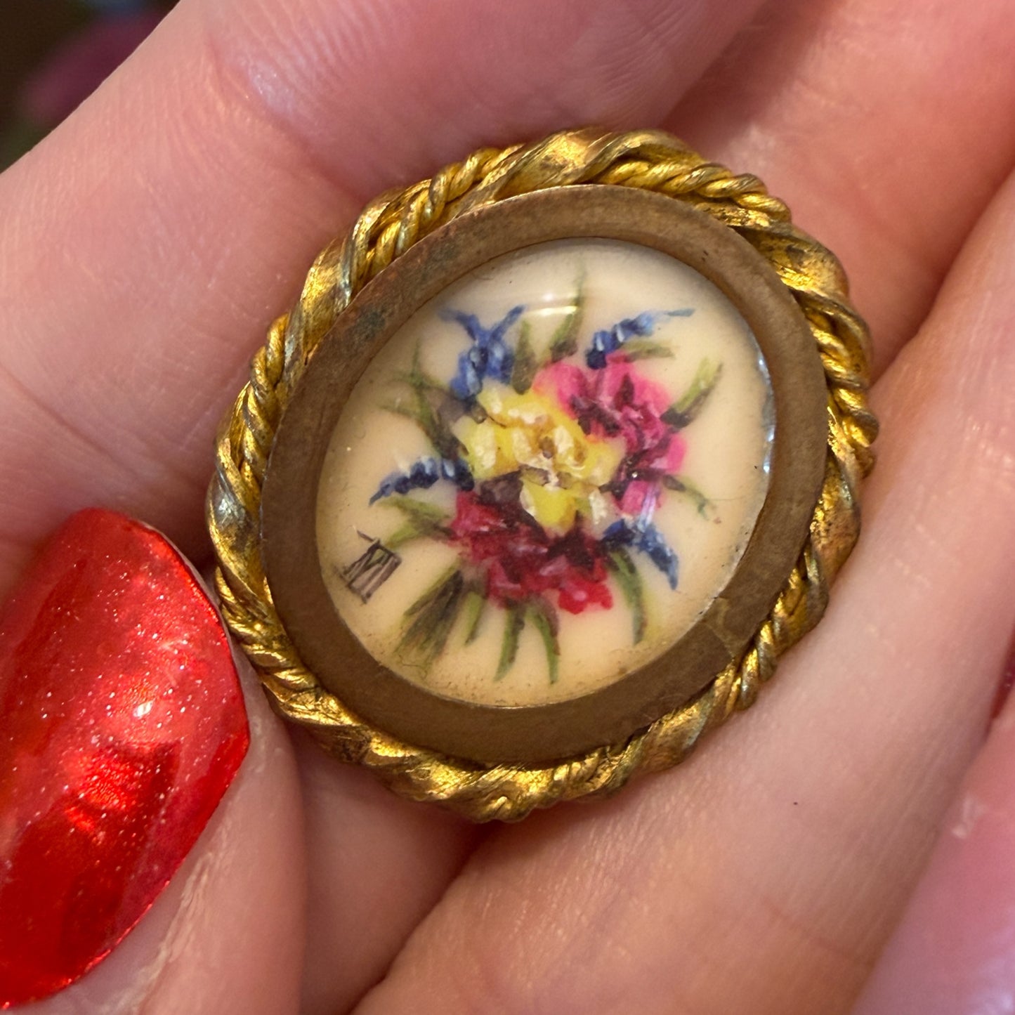 Antico gioiello ferma foulard / spilla con miniatura firmata dietro vetro, primo ‘900