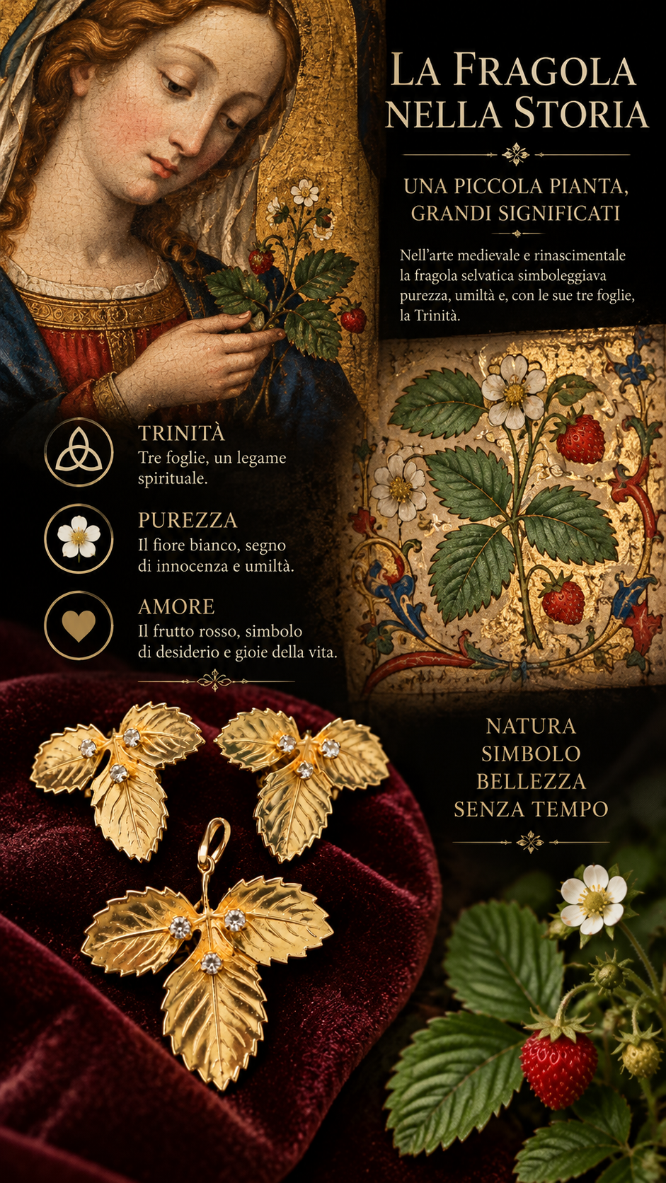 Parure gioiello vintage in metallo dorato e strass “Fragraria Vesca” orecchini clip e pendente