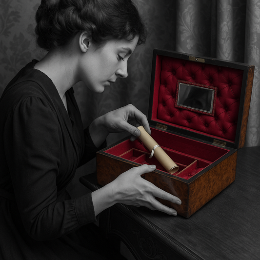 Cofanetto in radica decorata, fine ‘800, con fondo segreto