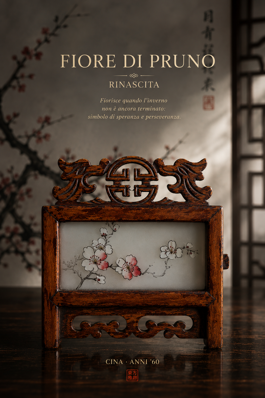 Paravento in miniatura con cinque pannelli decorati con fiori e piante simboliche, Cina, ca anni ‘60