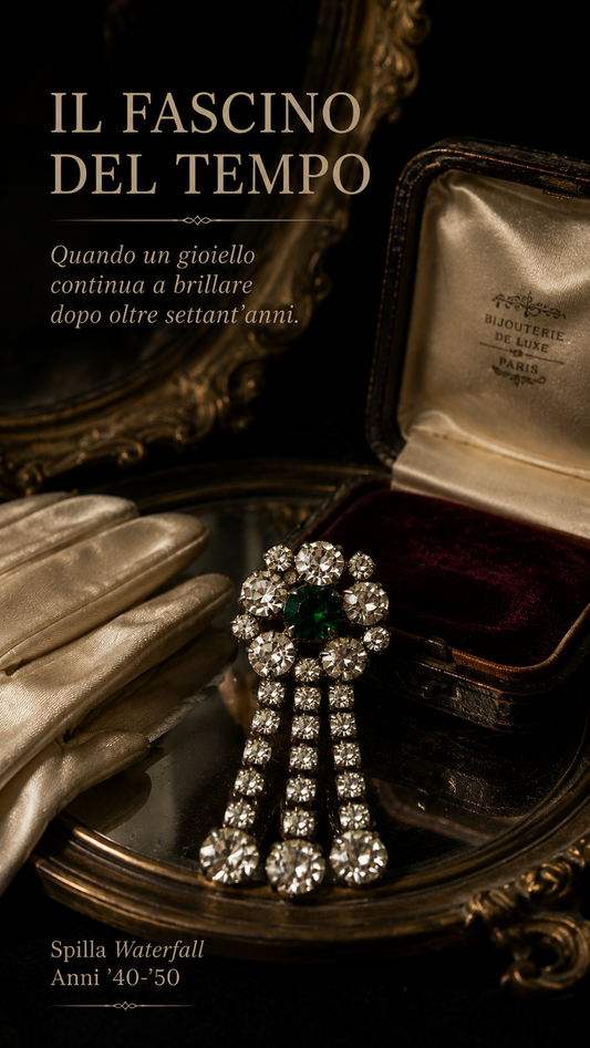 Waterfall brooch anni 40-50 con catenelle di strass in vetro e castone verde centrale