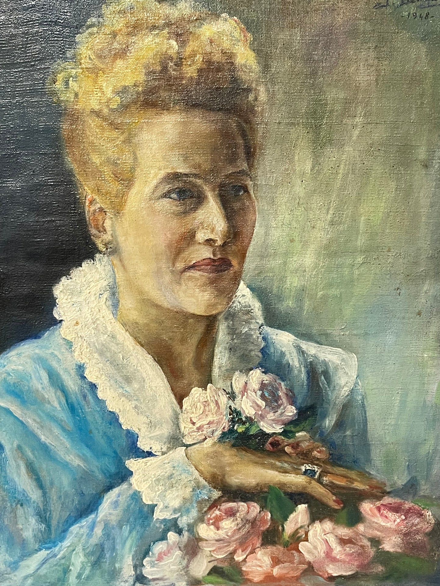 Dipinto ritratto donna olio su tela, 1948, firmato.