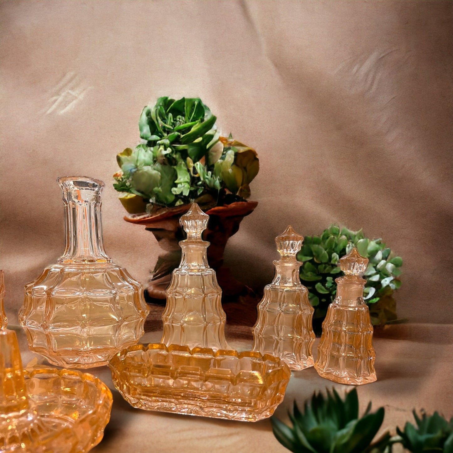 Antique pink glass bathroom set