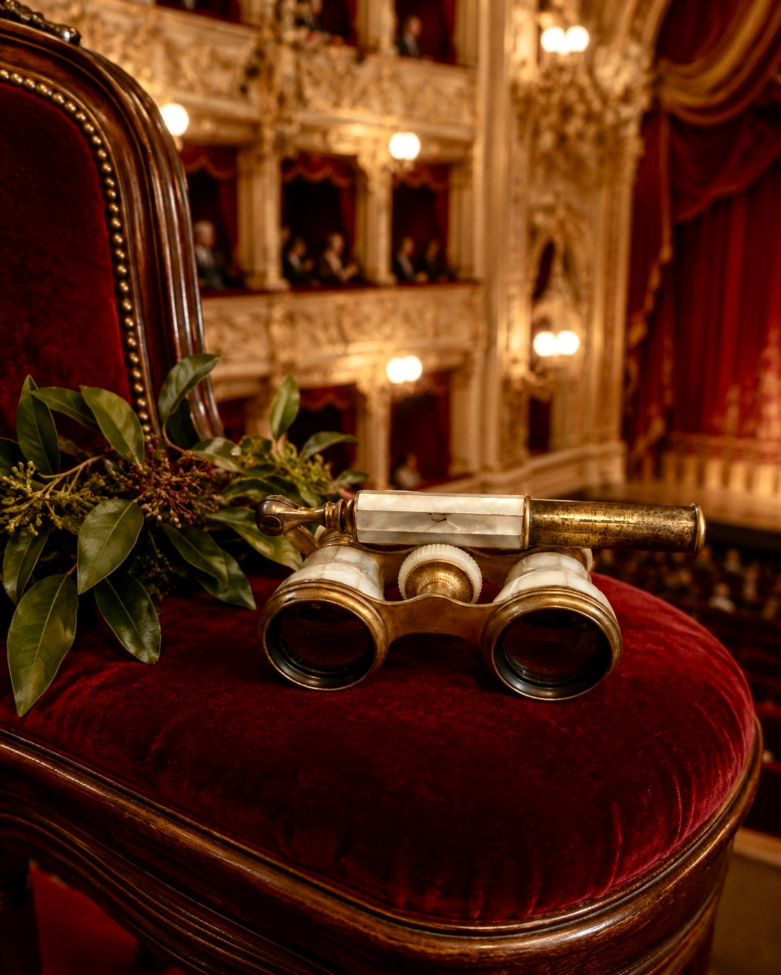 Opera glasses binocolo con asta in madreperla e ottone, primo ‘900