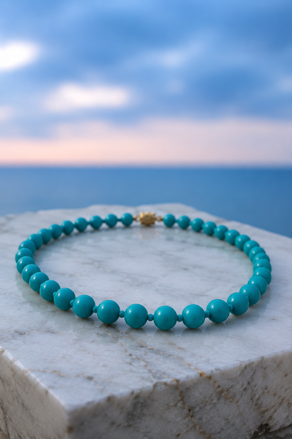 Collana in perle di vetro veneziano turchese con chiusura gioiello a fiore dorato
