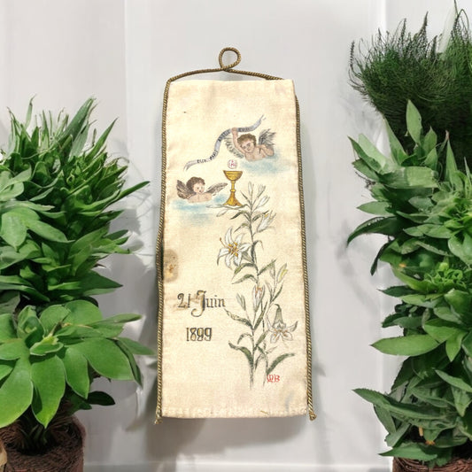 Ricordo in seta dipinta Prima Comunione 1899 da Boule