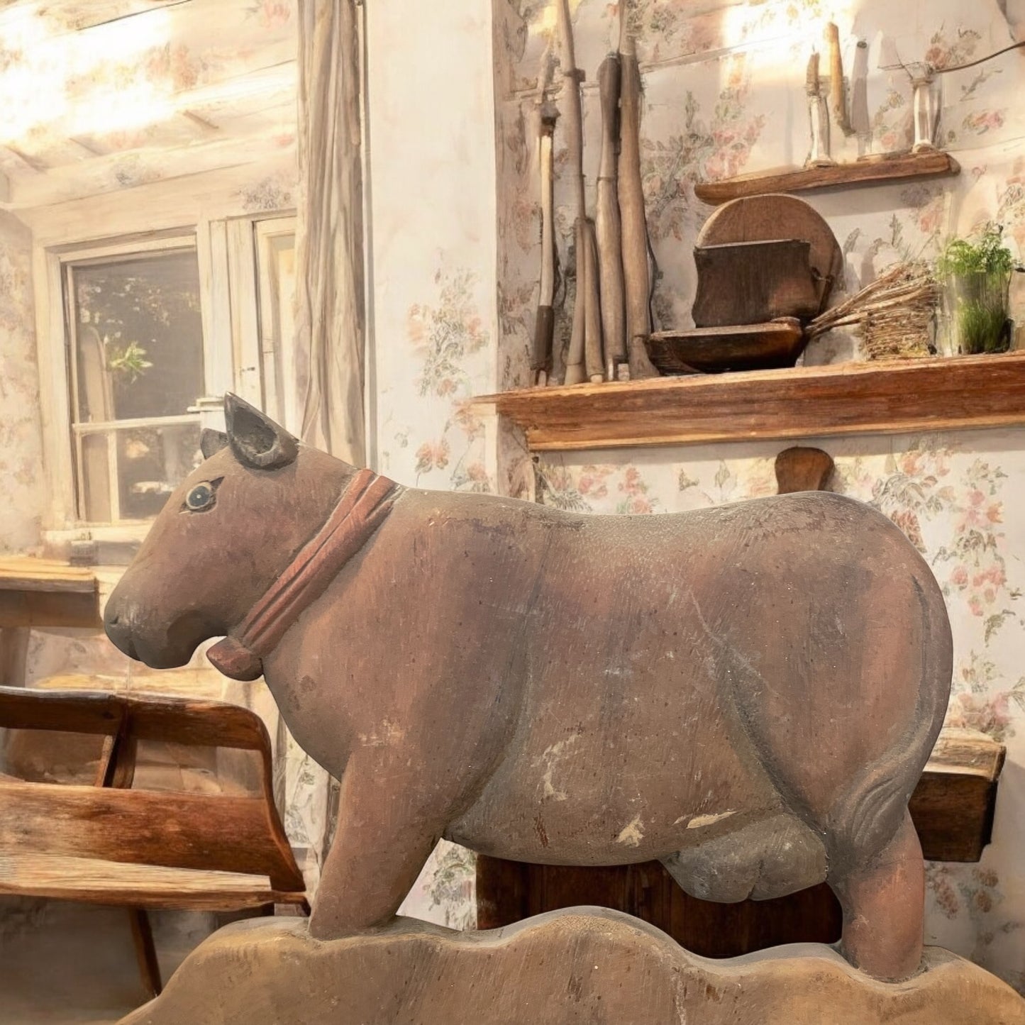 Appendino grande in legno country, anni 50 - 60 a guisa di mucca