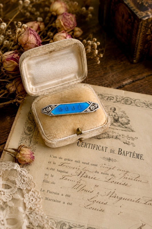 Antica spilla in argento massiccio Art Déco smaltata blu “Bébé” gioiello da nascita