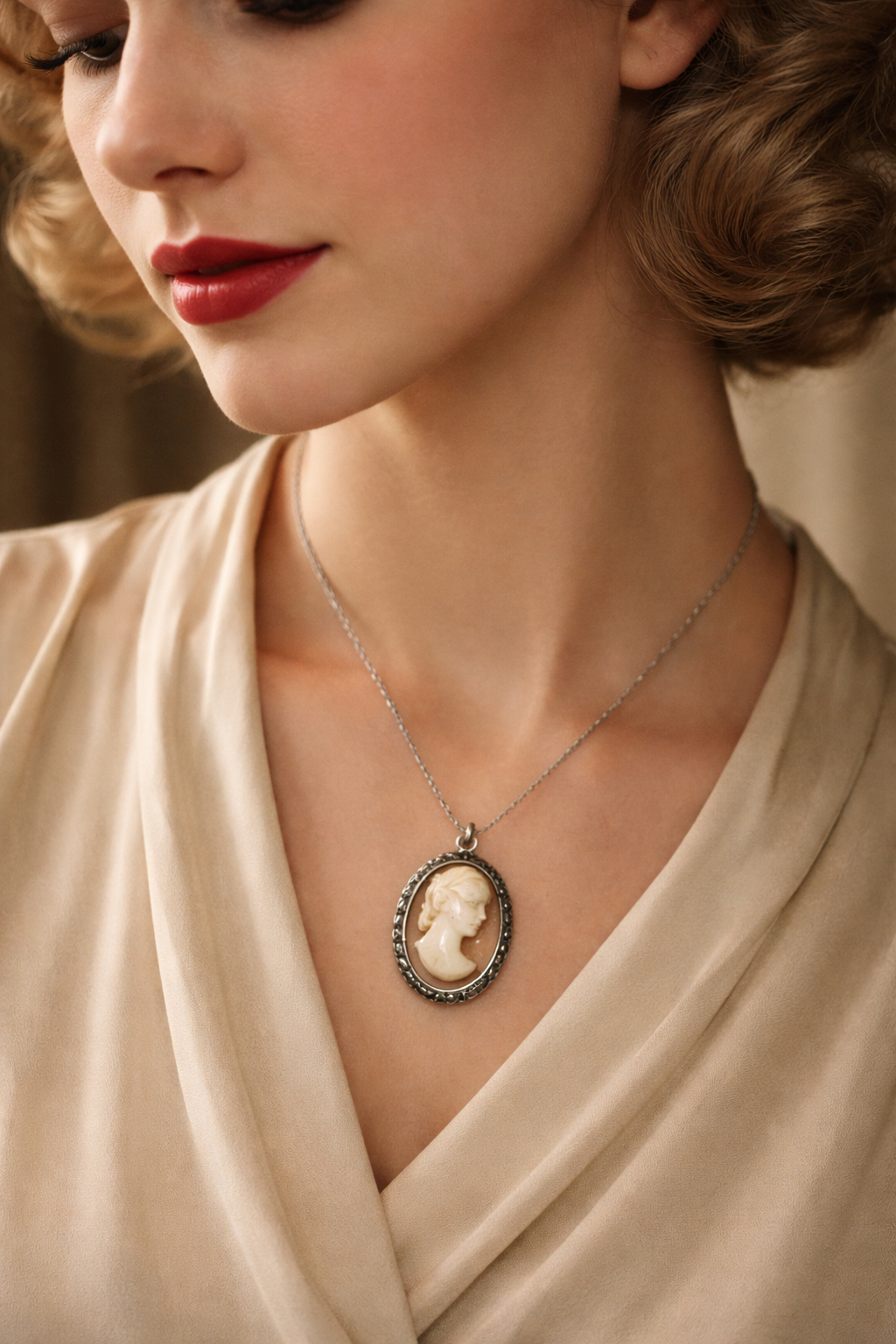 Antico cameo con cornice in argento e marcasiti, doppia funzione pendente / spilla anni 30