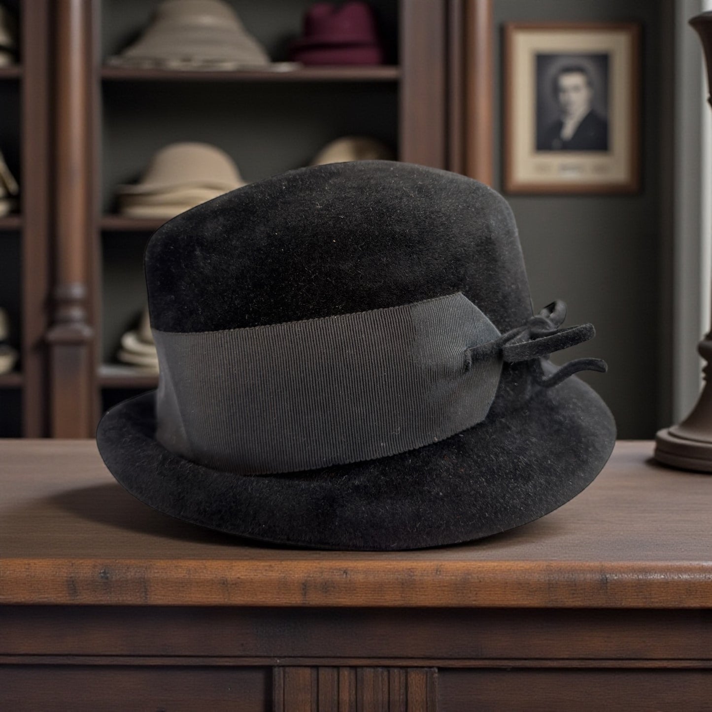 Antica bombetta da donna anni ‘20 con fiocco e fascia in gros-grain