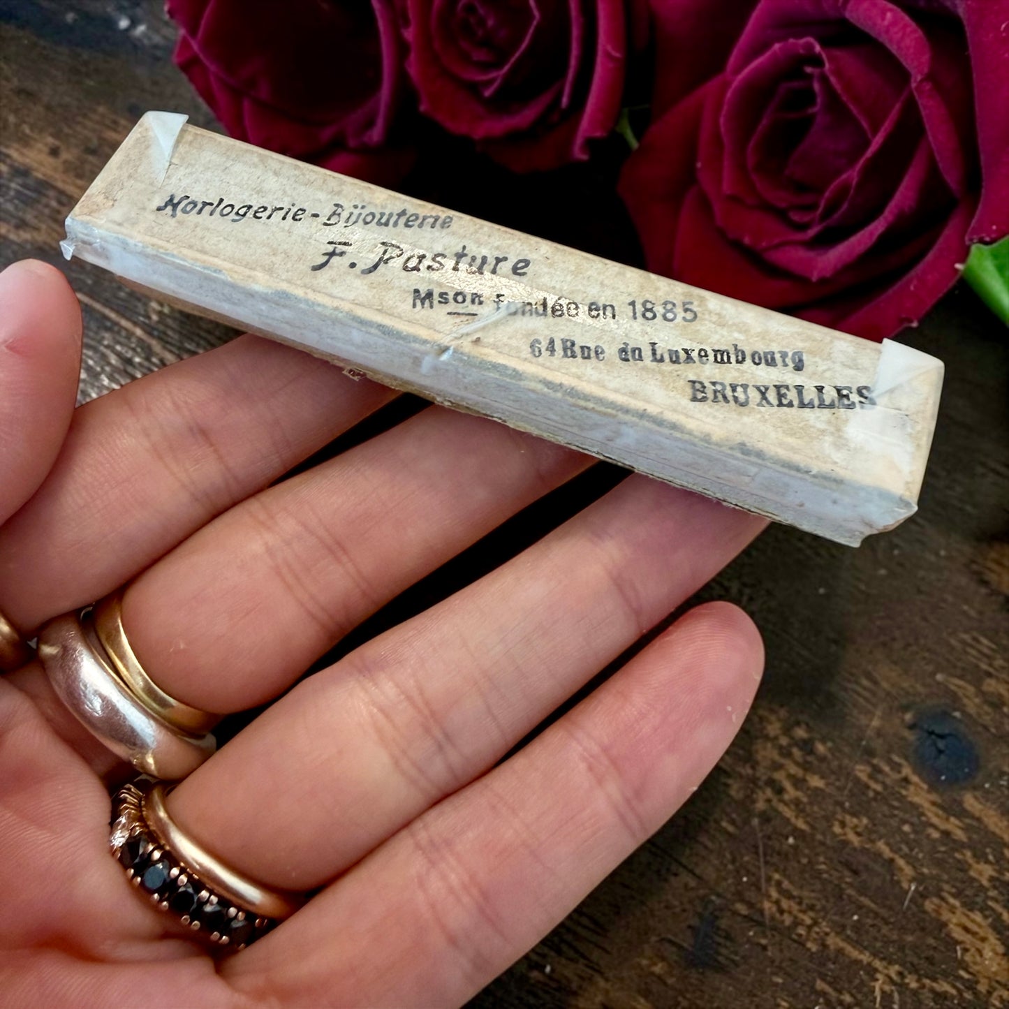 Antica spilla reverse con ferro di cavallo e paste vitree in confezione originale d’epoca