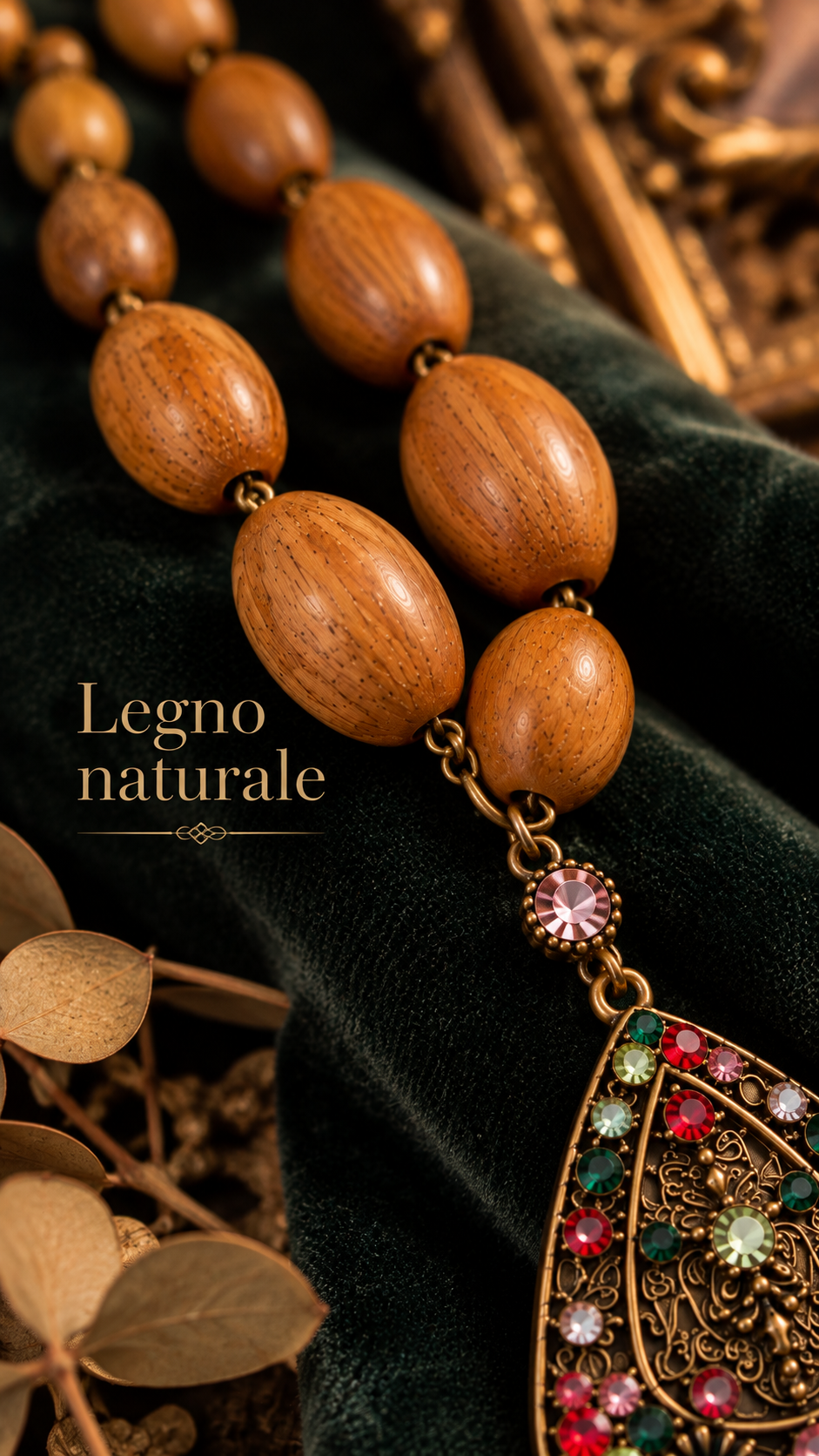 Collana perle di legno degradé anni 60 con pendente luminoso vintage