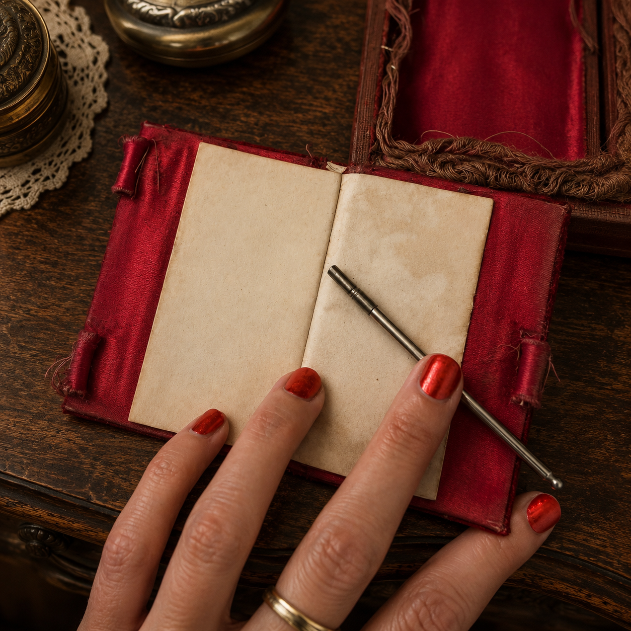 Set vittoriano da viaggio con carnet de bal, portamonete e libro preghiere con testo segreto