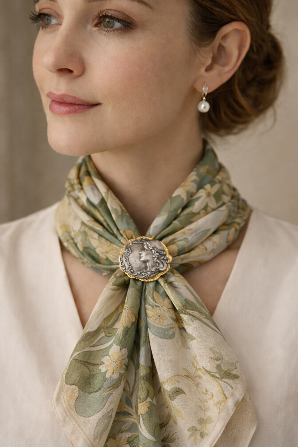 Clip / spilla ferma foulard con volto Art Nouveau alla Alphonse Mucha, doppia montatura argentata e dorata