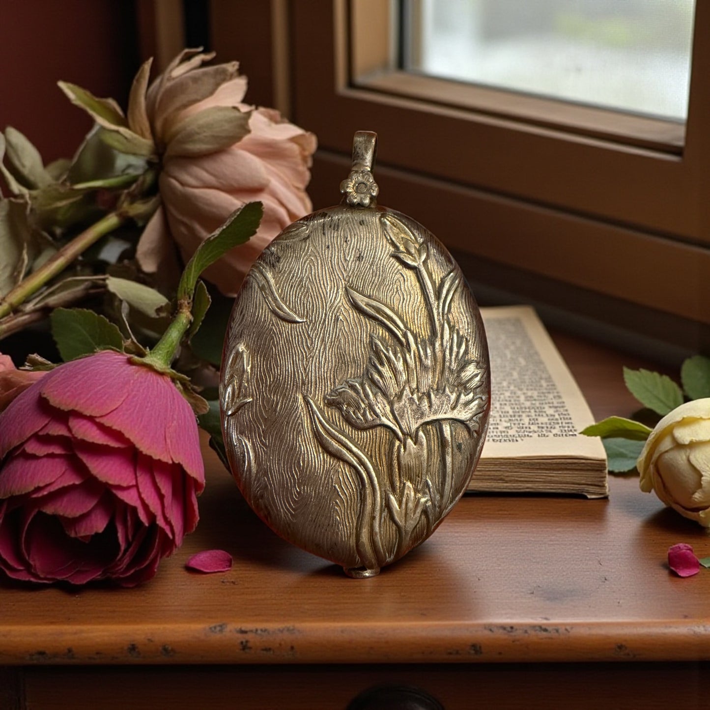 Pendente con specchio e vano in argento, da Chatelaine, art Nouveau con crisantemi