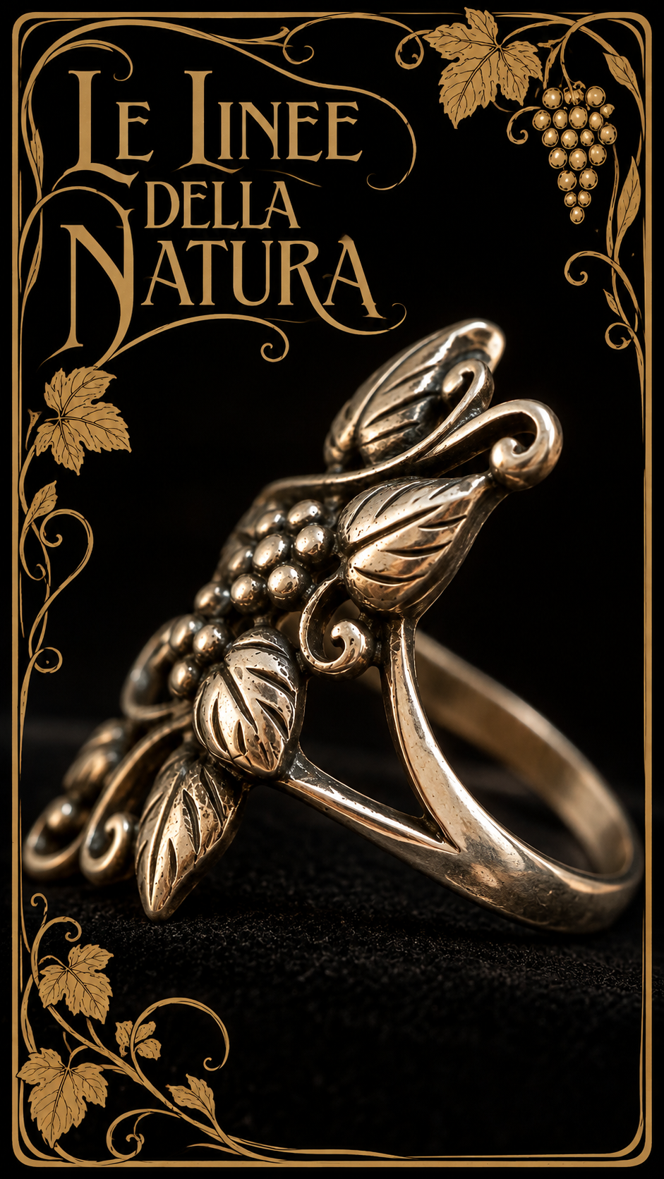 Anello porta fortuna in argento 925 art Nouveau revival tralcio di vite