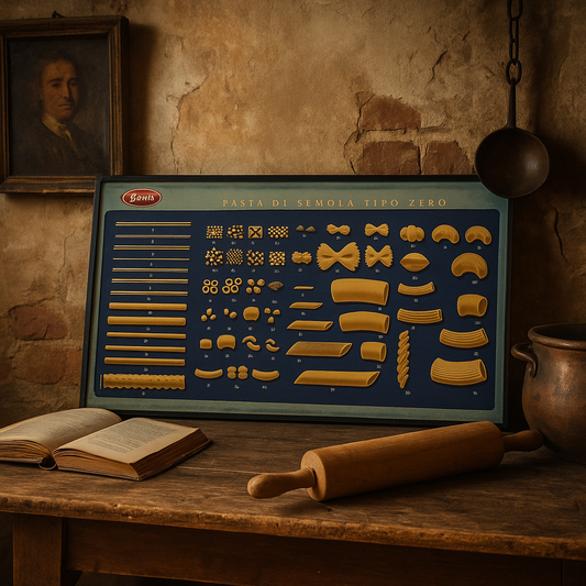 Insegna réclame cartonato Barilla vintage con 97 formati di pasta