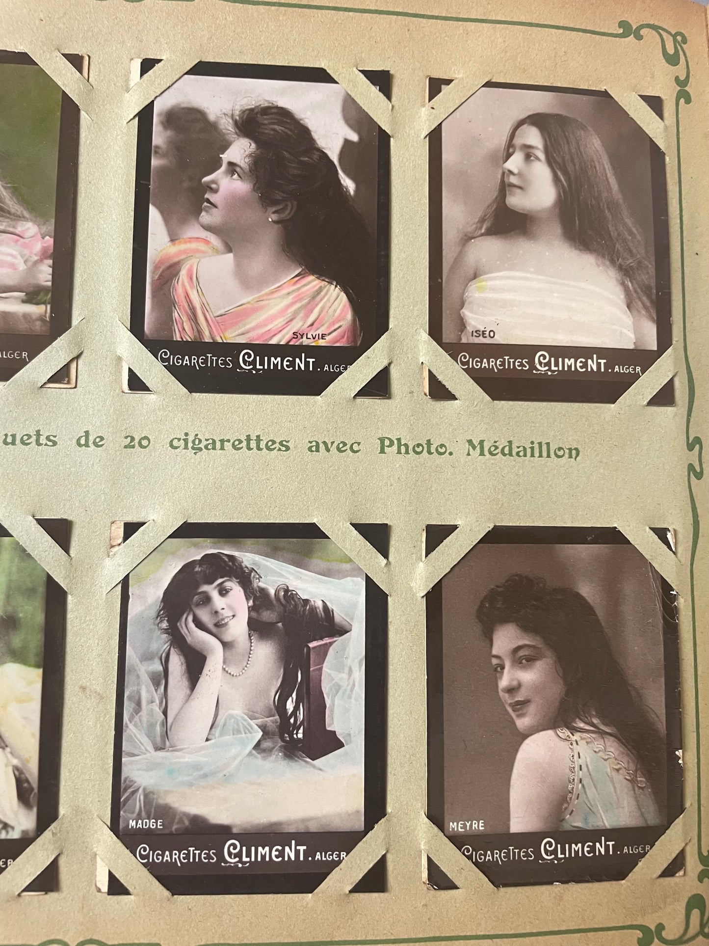 Antico album di Ephemera pubblicitari 1906, foto virate femminili, completo, Climent pz 400.