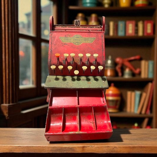 Antico registratore di cassa giocattolo metallo vintage, funzionante, anni ‘50