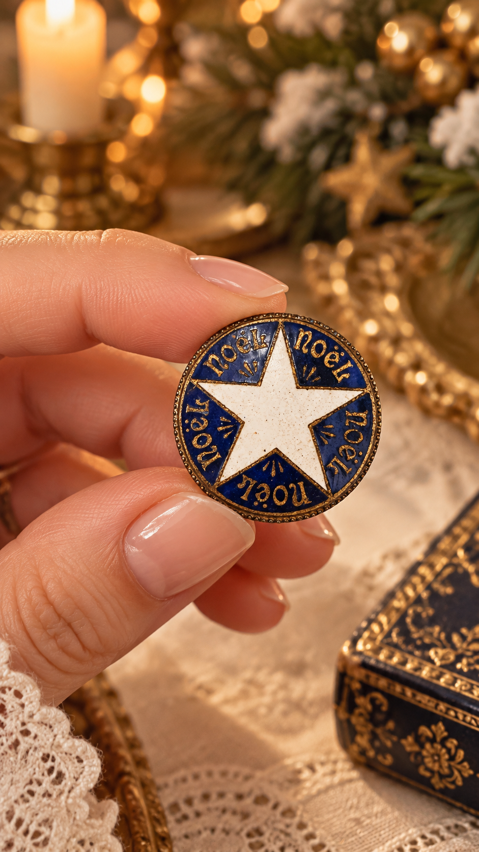 Antica piccola spilla Natalizia in smalti con stella bianca e scritta Noel