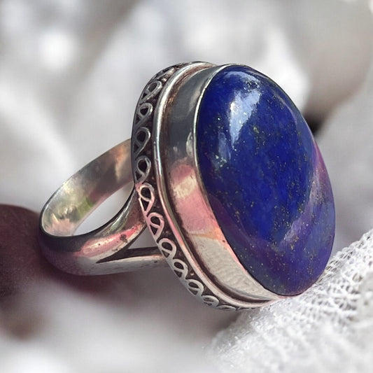 Grande anello vintage argento massiccio titolo 925 e cabochon lapislazzuli