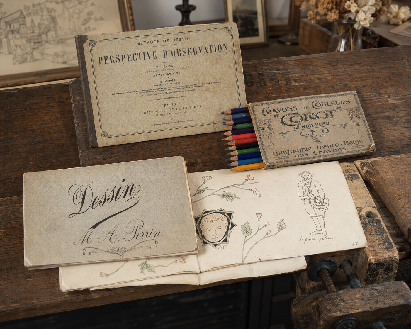 Lotto maison d’art: libro prospettiva fine ‘800, album da disegno e pastelli d’epoca