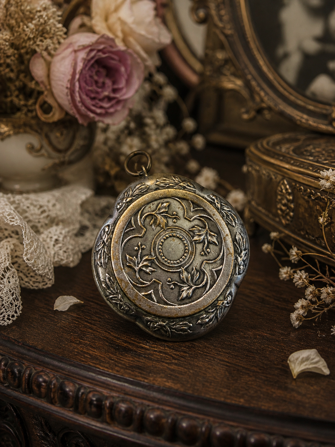 Poudrier da Châtelaine argentato con specchio interno e decorazioni art Nouveau