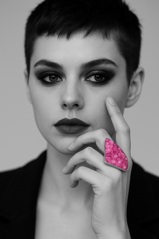 Grande anello placcato argento, creazione artigianale con drusa rosa