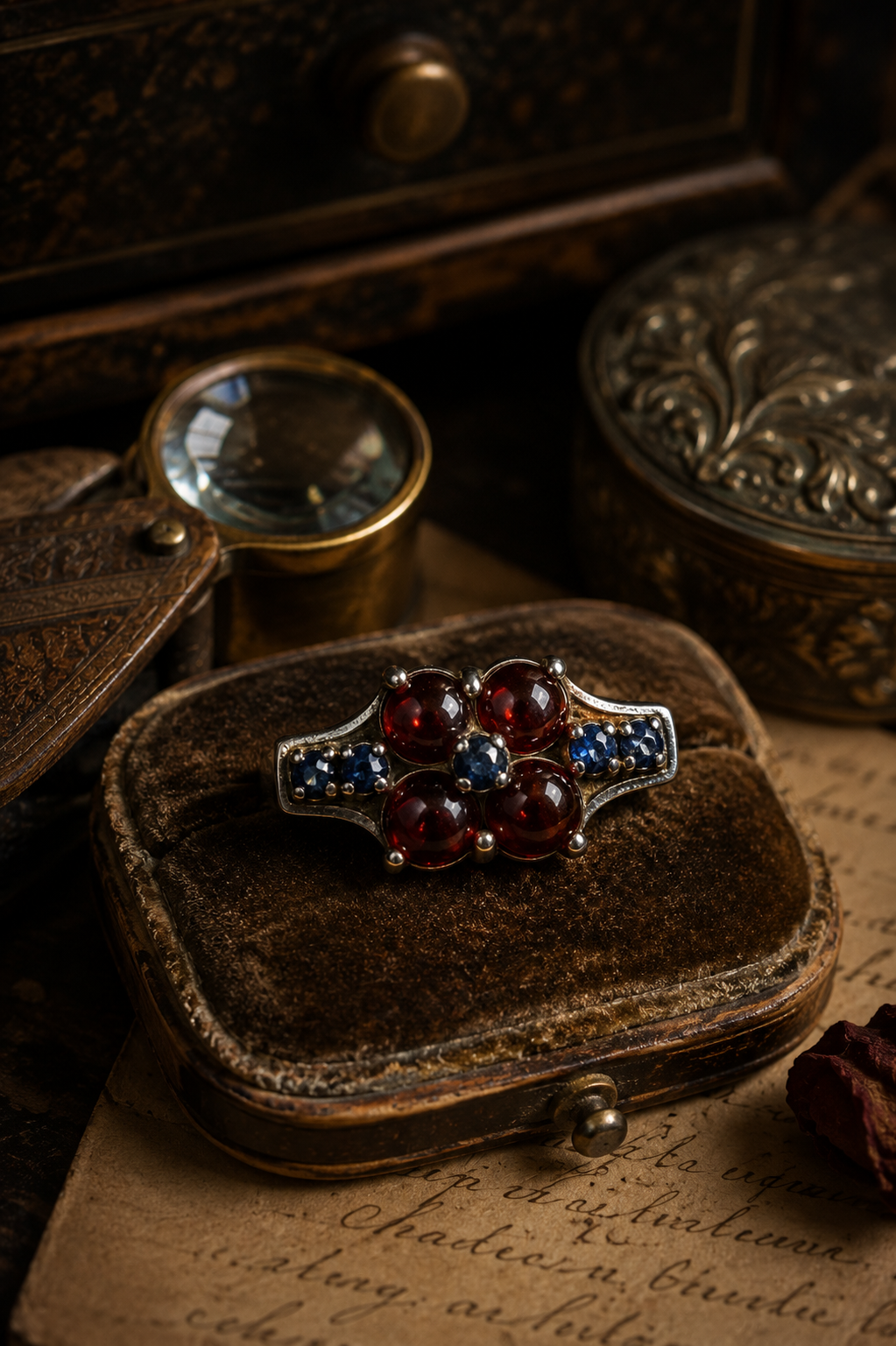 Anello argento 925 con spinelli blu e vetri Boemi anni ‘70