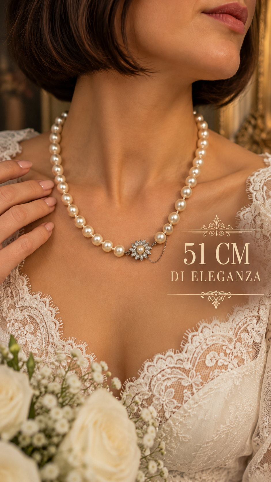 Collana vintage perle di vetro con chiusura gioiello e fiore, cristalli e catenella di sicurezza