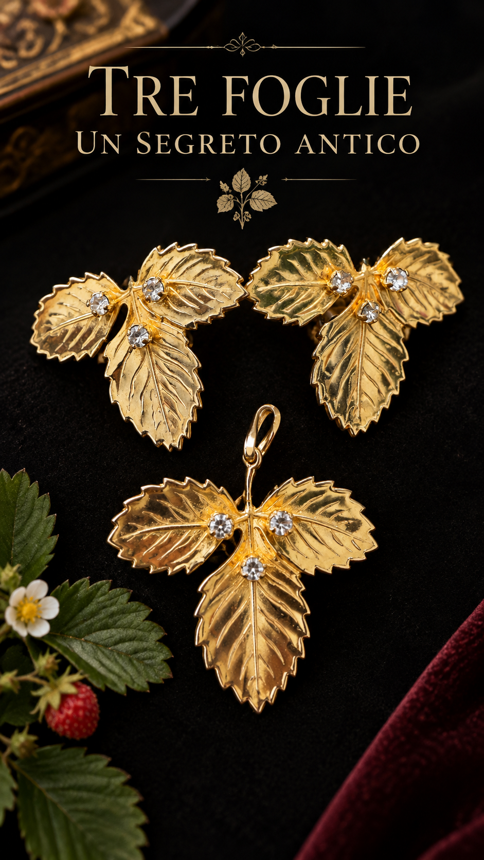 Parure gioiello vintage in metallo dorato e strass “Fragraria Vesca” orecchini clip e pendente