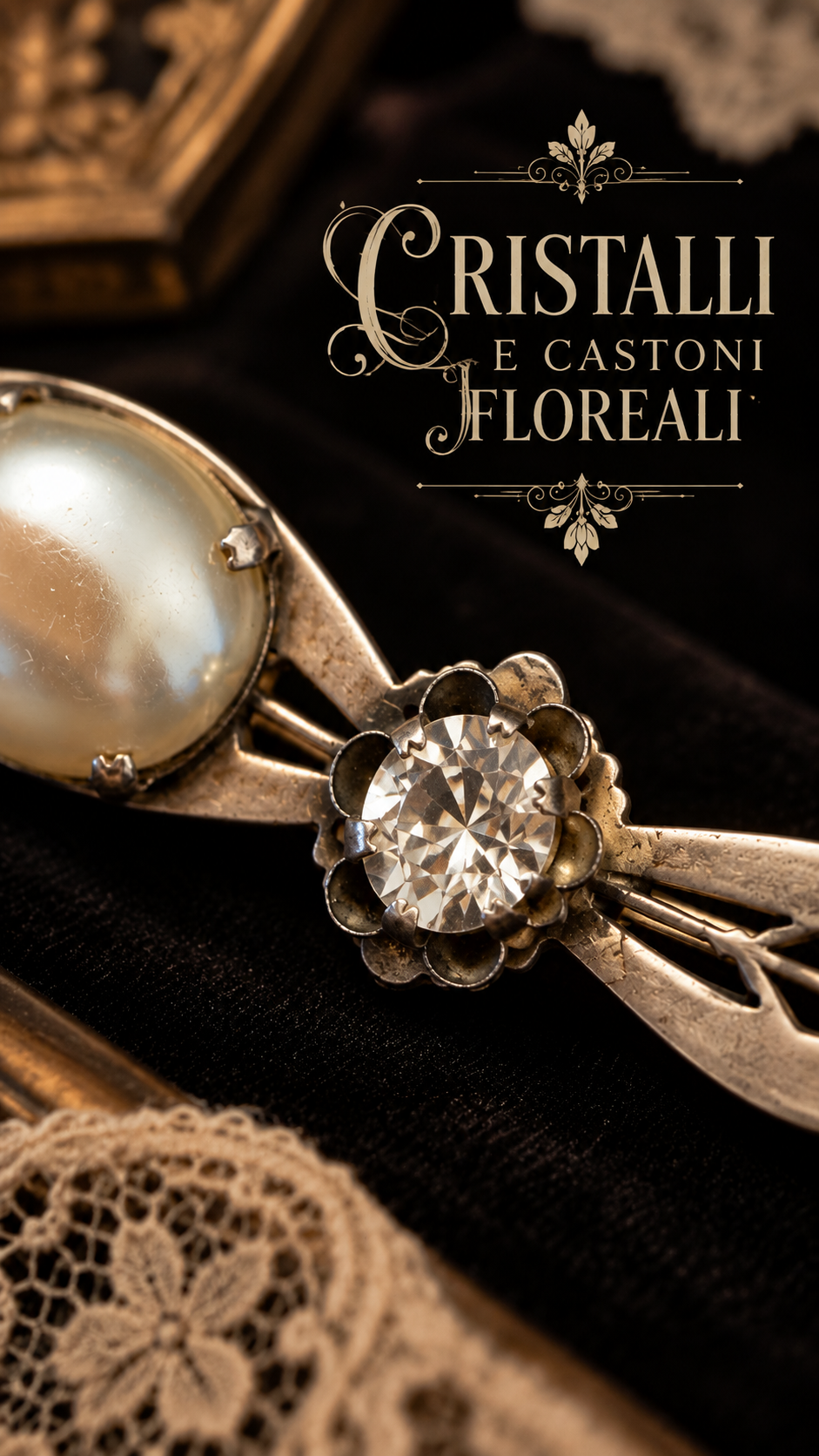 Grande broche de cou spilla placcata argento con vetro perlato e cristalli, anni 20-30